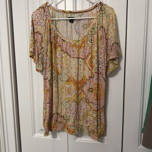 New Directions Peasant Top Womens Large Orange Blouson Flowy Boho